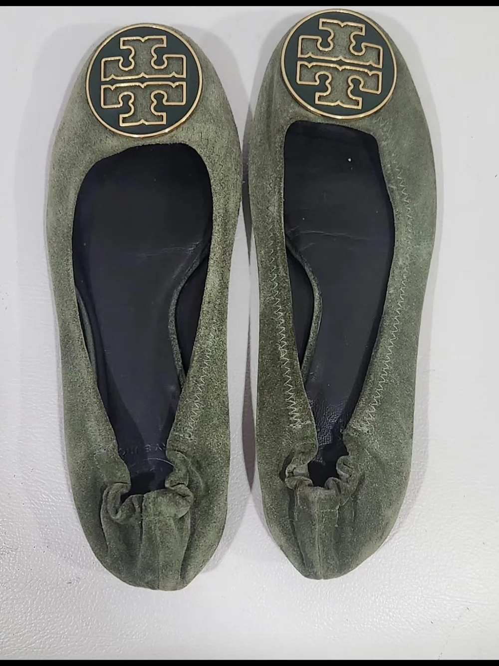 Tory Burch Olive Green Suede Logo Ballet Flats